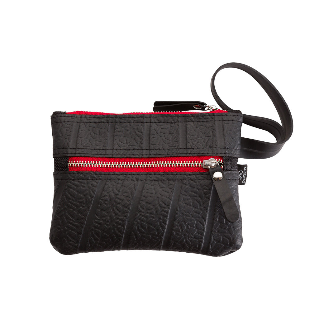 Erin Vegan Wristlet and Belt Pouch made from recycled rubber, featuring a zip pocket and wristlet strap, available in various colors.